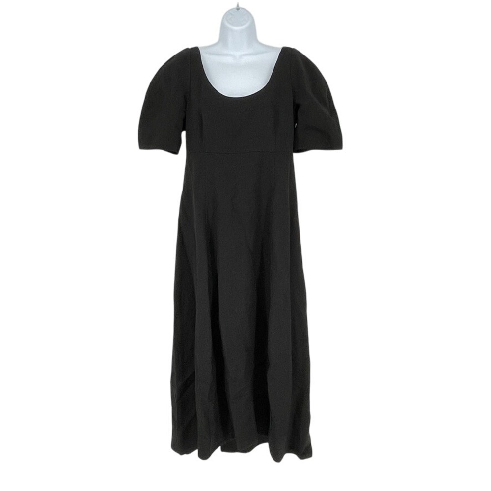 Co Linen Blend‎ Black Midi Dress Puff Sleeve Scoop Neck Elegant Classic Party